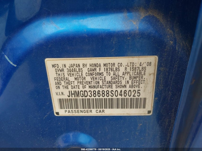 2008 HONDA FIT VIN: JHMGD38688S046025