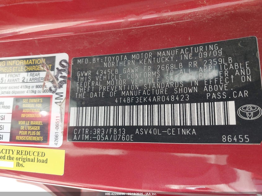 2010 TOYOTA CAMRY VIN: 4T4BF3EK4AR048423