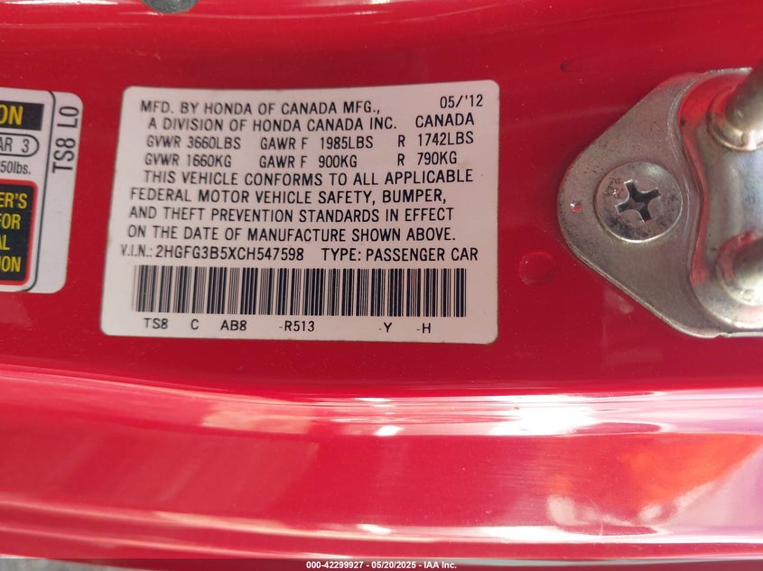 2012 HONDA CIVIC VIN: 2HGFG3B5XCH547598