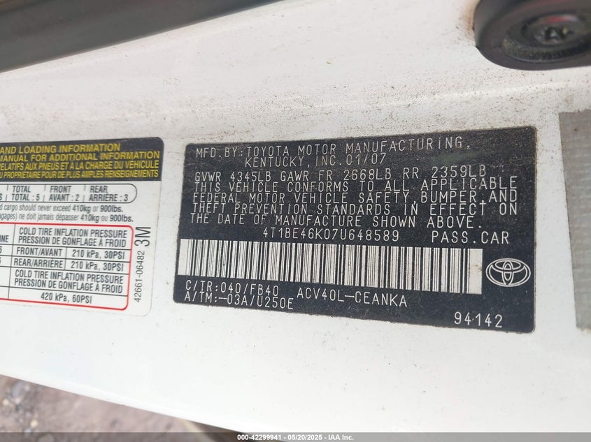 2007 TOYOTA CAMRY VIN: 4T1BE46K07U648589