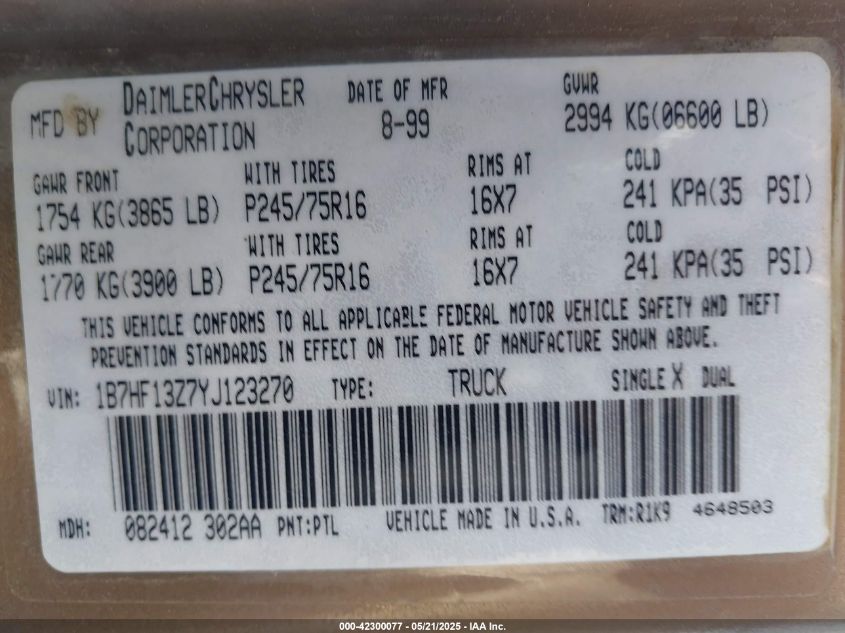 2000 Dodge Ram 1500 St VIN: 1B7HF13Z7YJ123270 Lot: 42300077