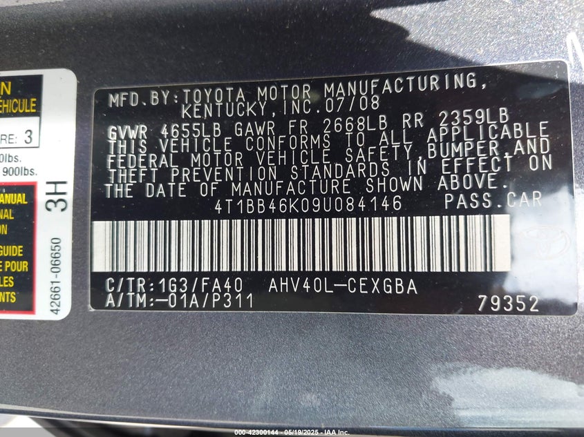 2009 TOYOTA CAMRY HYBRID VIN: 4T1BB46K09U084146