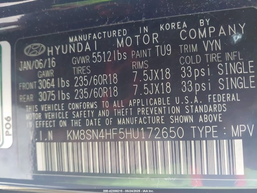 2017 Hyundai Santa Fe Se VIN: KM8SN4HF5HU172650 Lot: 42300215