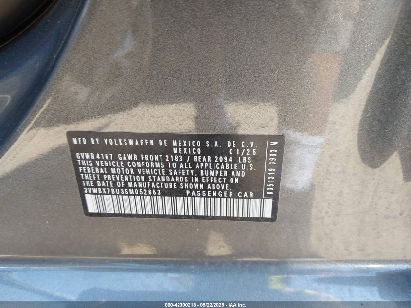 2025 Volkswagen Jetta 1.5T Sport VIN: 3VWBX7BU3SM052653 Lot: 42300218