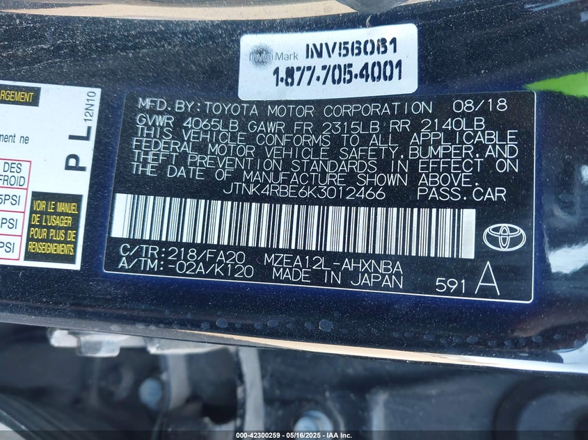 2019 TOYOTA COROLLA VIN: JTNK4RBE6K3012466