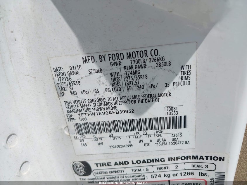 2010 FORD F-150 VIN: 1FTFW1EV0AFB39952