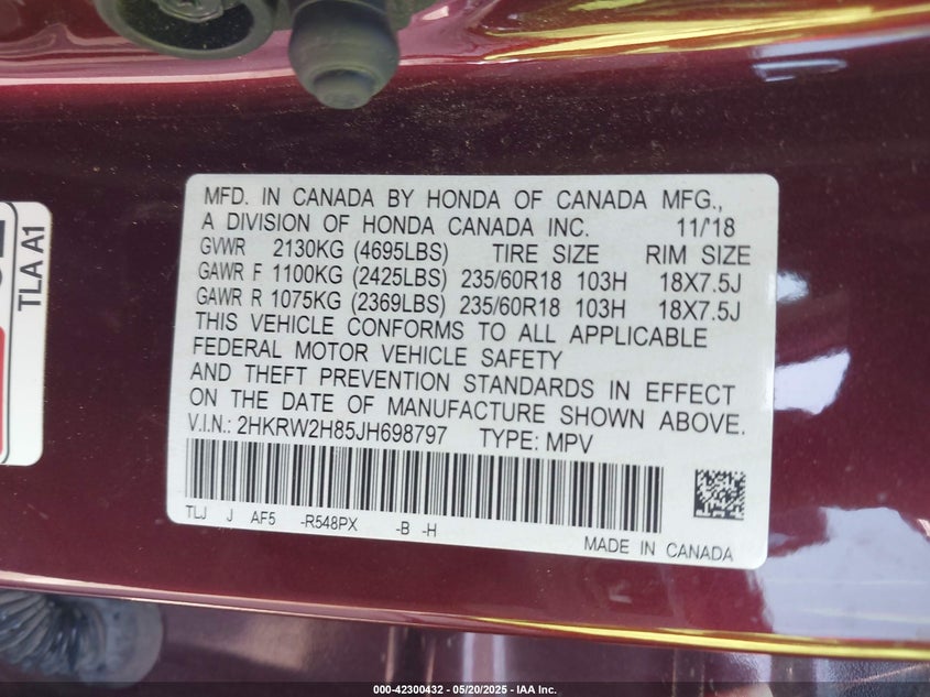 2018 HONDA CR-V EX-L/EX-L NAVI - 2HKRW2H85JH698797