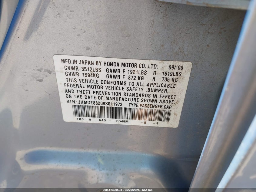 2009 HONDA FIT VIN: JHMGE88209S011973
