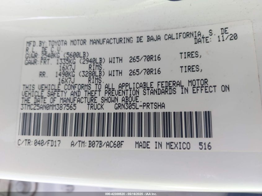 2021 Toyota Tacoma Trd Off-Road VIN: 3TMCZ5AN0MM387565 Lot: 42300520