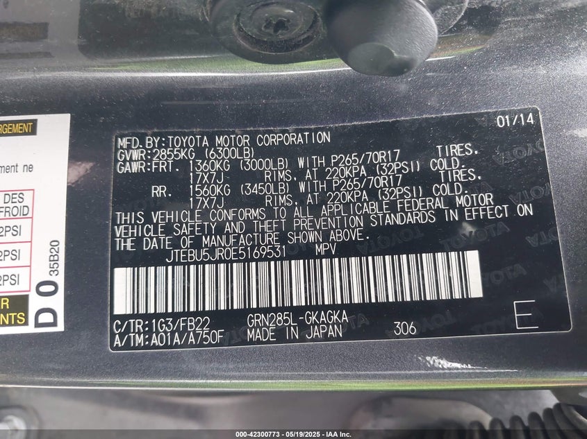 2014 TOYOTA 4RUNNER VIN: JTEBU5JR0E5169531