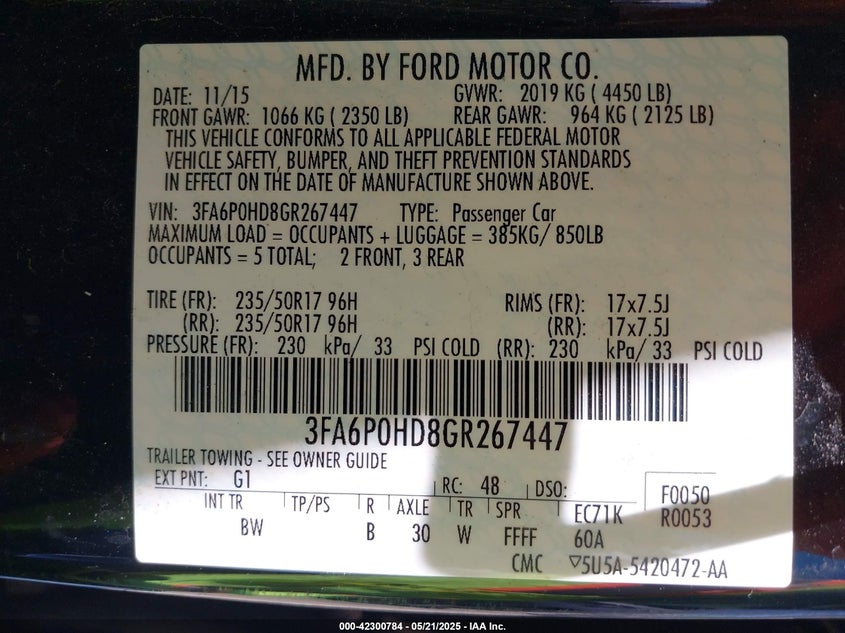 2016 FORD FUSION VIN: 3FA6P0HD8GR267447