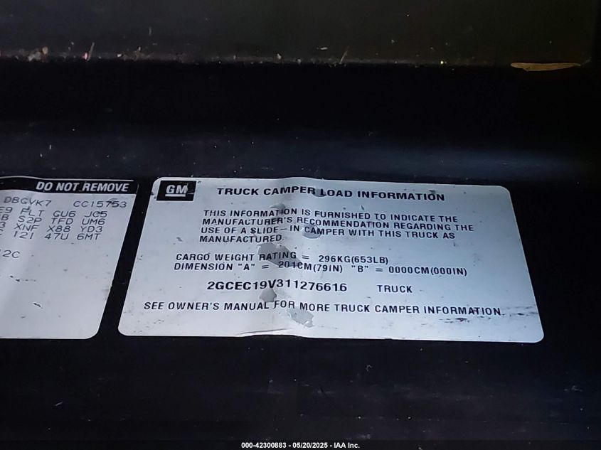 2001 Chevrolet Silverado 1500 VIN: 2GCEC19V311276616 Lot: 42300883