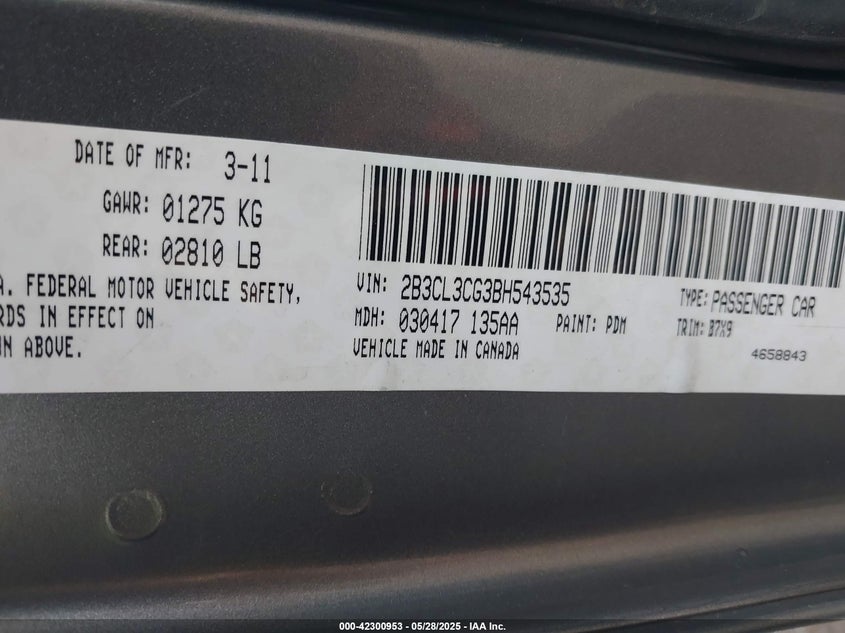 2011 DODGE CHARGER VIN: 2B3CL3CG3BH543535