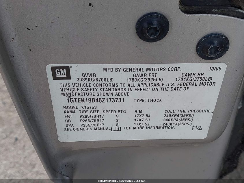2006 GMC Sierra 1500 Sle1 VIN: 1GTEK19B46Z173731 Lot: 42301004