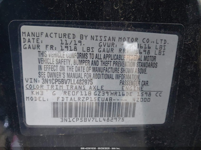 2020 NISSAN KICKS VIN: 3N1CP5BV7LL482975