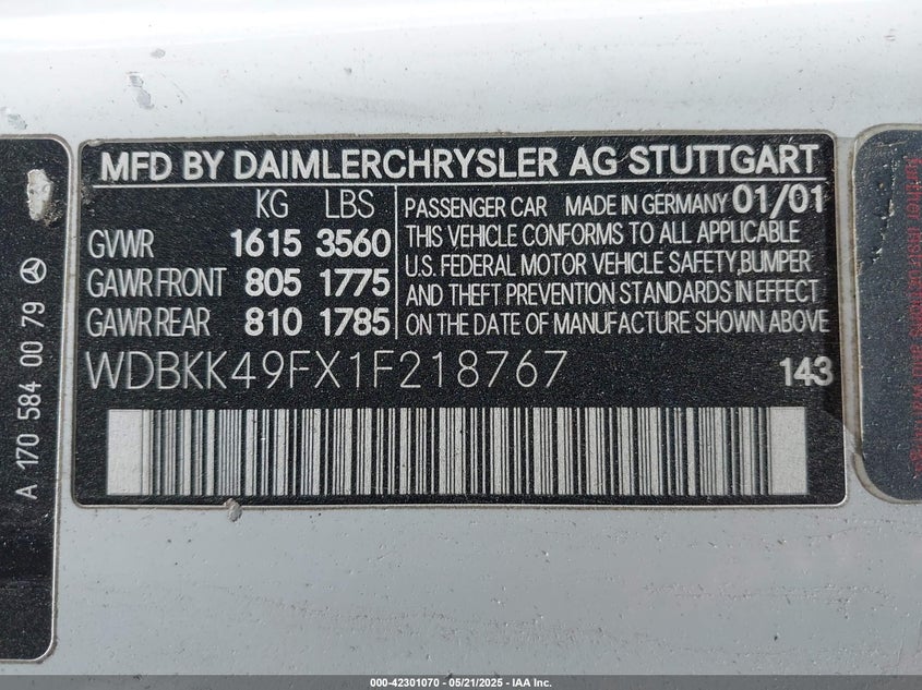 2001 Mercedes-Benz Slk 230 Kompressor VIN: WDBKK49FX1F218767 Lot: 42301070