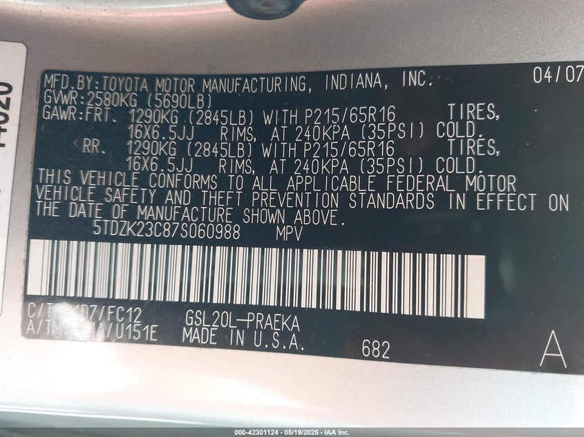 2007 TOYOTA SIENNA VIN: 5TDZK23C87S060988