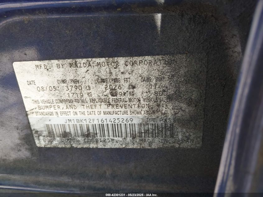 2006 Mazda Mazda3 I VIN: JM1BK12F161425269 Lot: 42301231