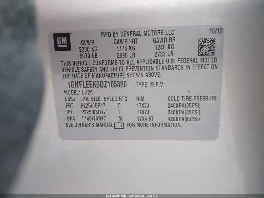 2013 CHEVROLET EQUINOX VIN: 1GNFLEEK9DZ105380