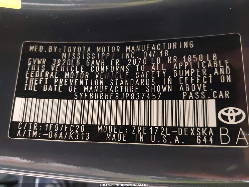 2018 Toyota Corolla Se VIN: 5YFBURHE8JP837457 Lot: 42301320