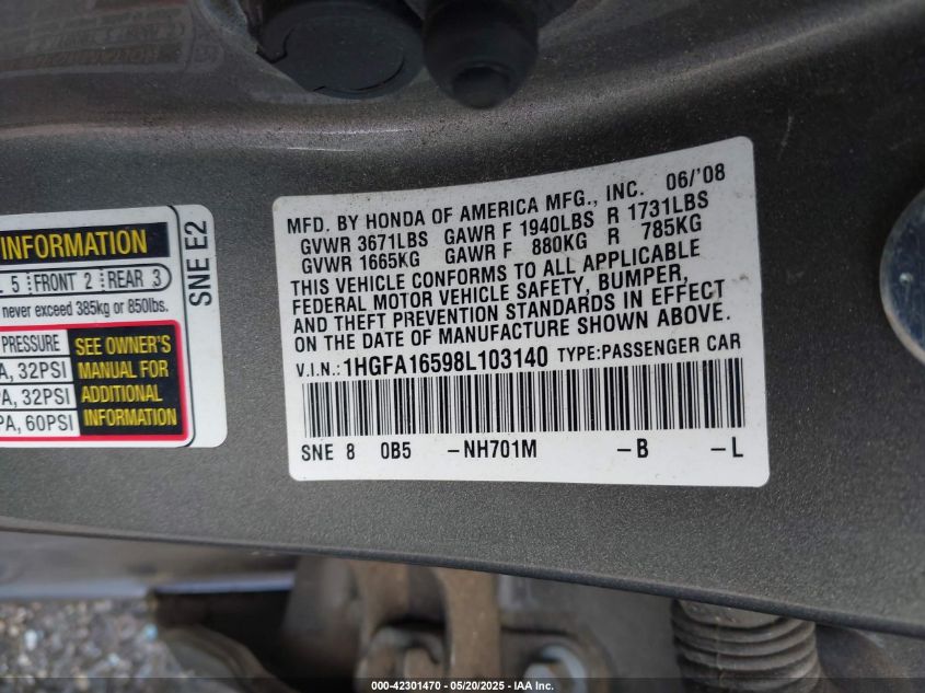 2008 Honda Civic Lx VIN: 1HGFA16598L103140 Lot: 42301470