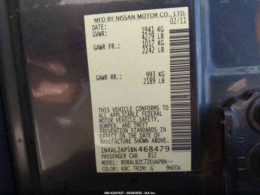 2011 NISSAN ALTIMA VIN: 1N4AL2AP5BN468479