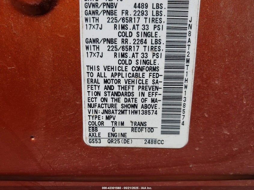 2017 NISSAN ROGUE SV - JN8AT2MT1HW138574