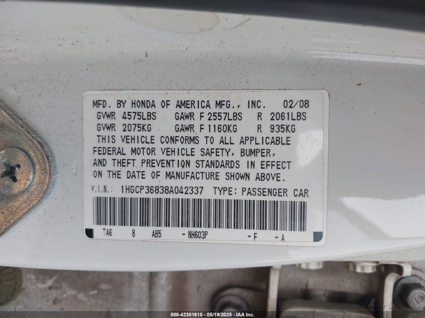 2008 HONDA ACCORD VIN: 1HGCP36838A042337