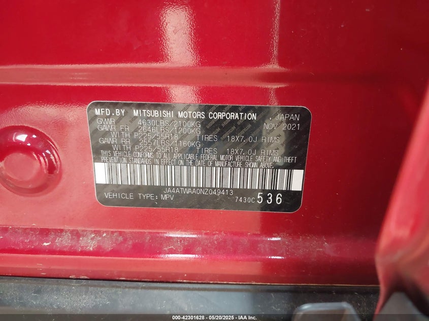 2022 Mitsubishi Eclipse Cross Se S-Awc/Se Special Edition S-Awc/Sel S-Awc/Sel Special Edition S-Awc VIN: JA4ATWAA0NZ049413 Lot: 42301628