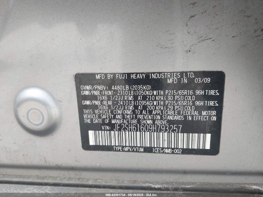 2009 Subaru Forester 2.5X VIN: JF2SH61609H793267 Lot: 42301734