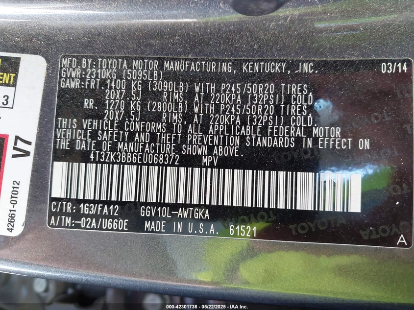 2014 TOYOTA VENZA VIN: 4T3ZK3BB6EU068372