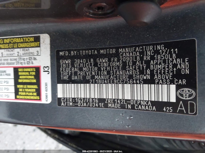 2012 Toyota Corolla Le VIN: 2T1BU4EE9CC756445 Lot: 42301863