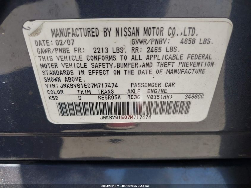 2007 Infiniti G35 Journey VIN: JNKBV61E07M717474 Lot: 42301871