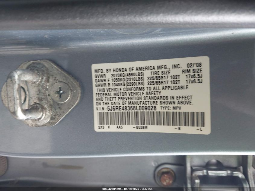 2008 Honda Cr-V Lx VIN: 5J6RE48368L009028 Lot: 42301895