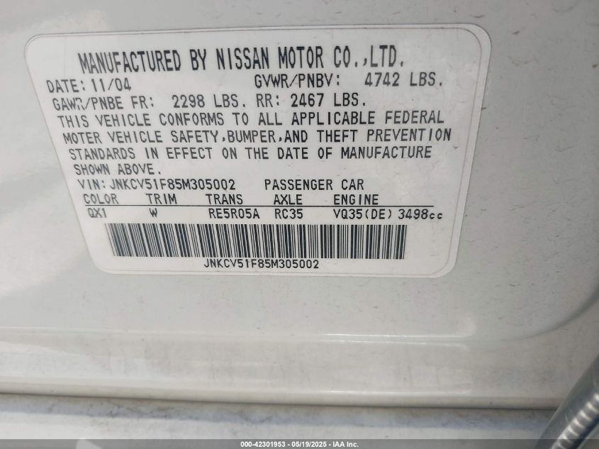 2005 Infiniti G35X VIN: JNKCV51F85H305002 Lot: 42301953