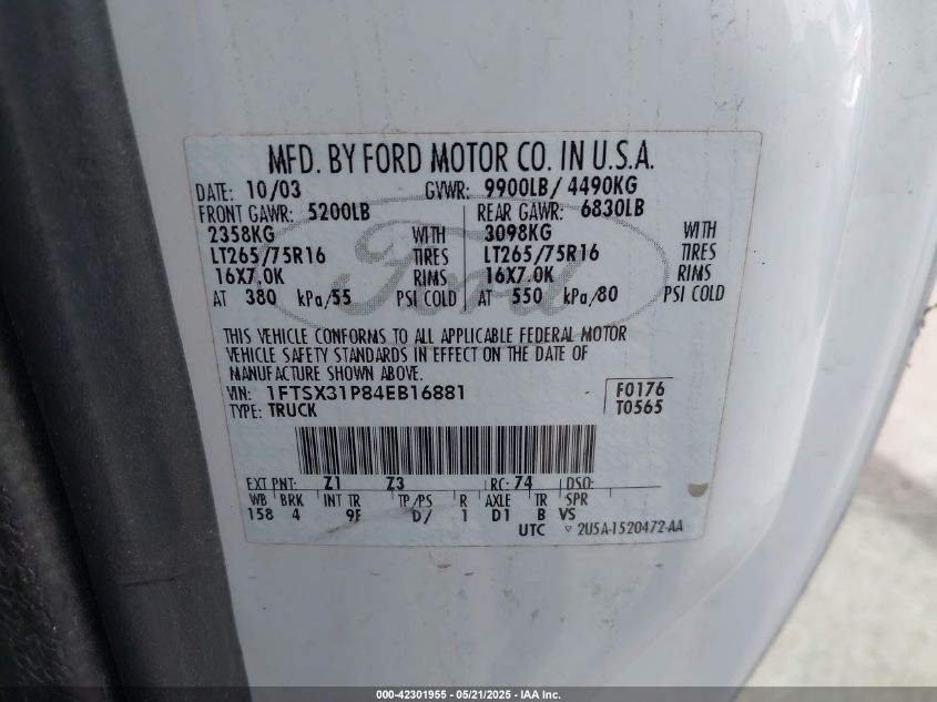 2004 Ford F-350 Lariat/Xl/Xlt VIN: 1FTSX31P84EB16881 Lot: 42301955