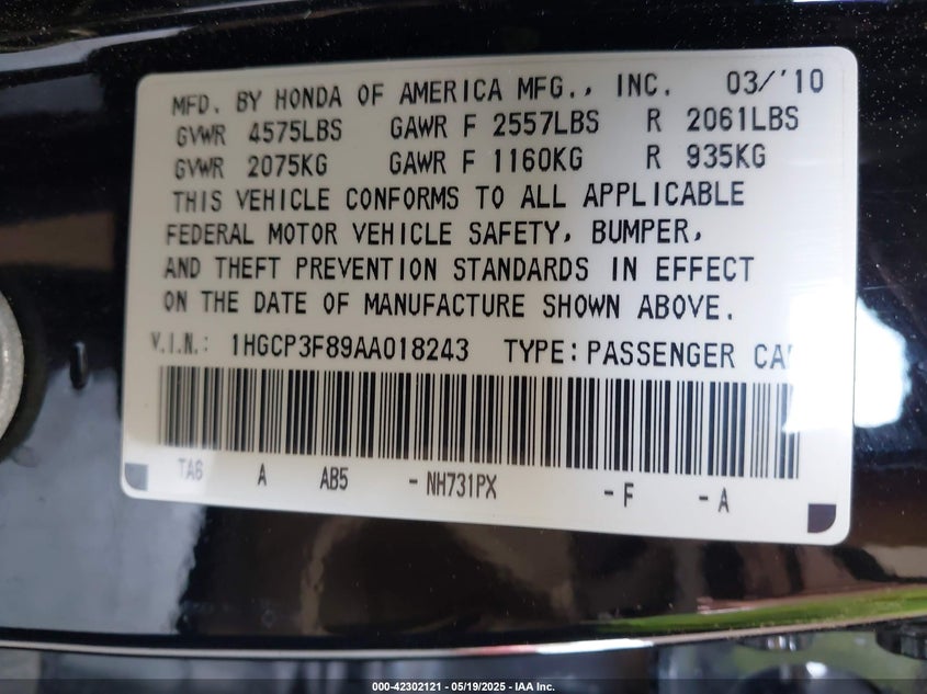 2010 HONDA ACCORD VIN: 1HGCP3F89AA018243