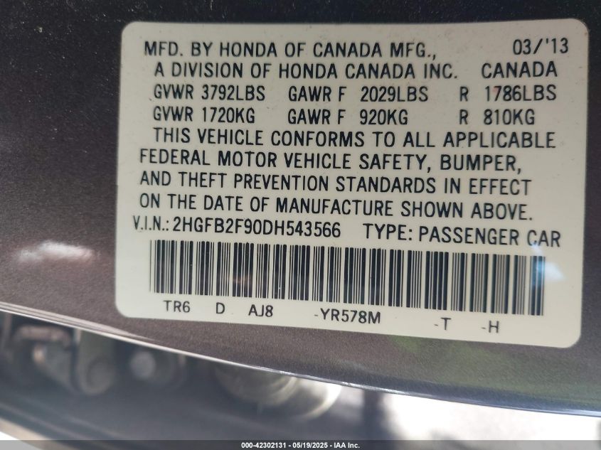 2013 Honda Civic Ex-L VIN: 2HGFB2F90DH543566 Lot: 42302131