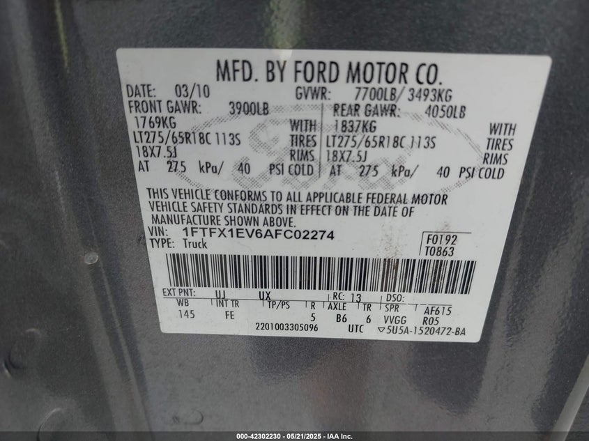 2010 FORD F150 VIN: 1FTFX1EV6AFC02274