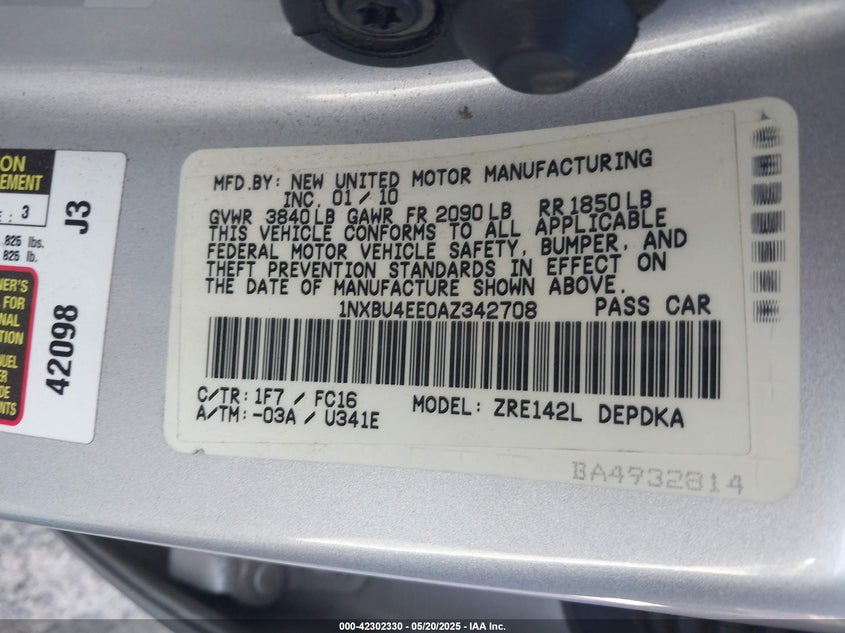 2010 TOYOTA COROLLA VIN: 1NXBU4EE0AZ342708