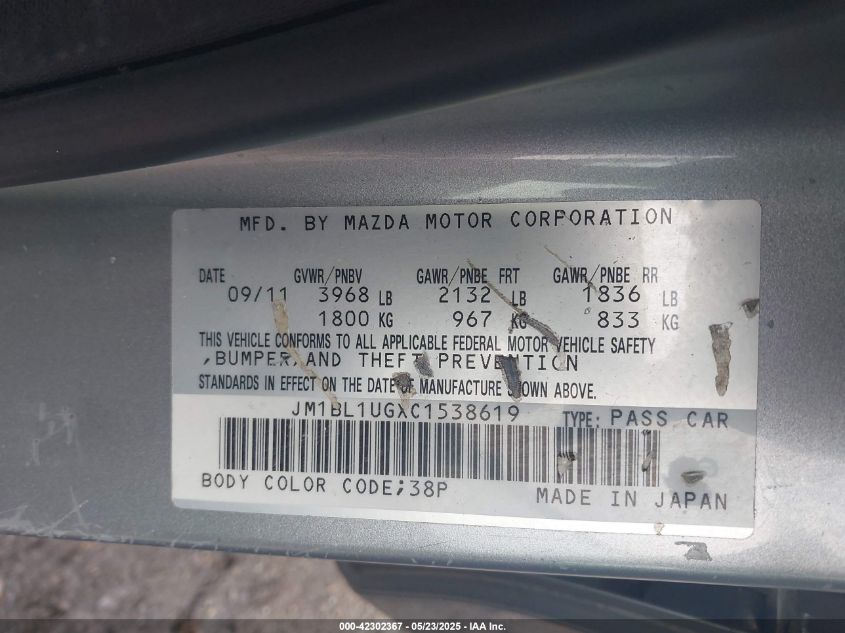 2012 Mazda Mazda3 I Sport VIN: JM1BL1UGXC1538619 Lot: 42302367