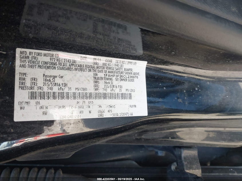 2012 FORD FOCUS VIN: 1FAHP3F26CL236976