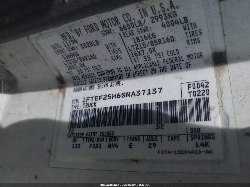 1994 Ford F150 VIN: 1FTEX15H3RKB39210 Lot: 42302623