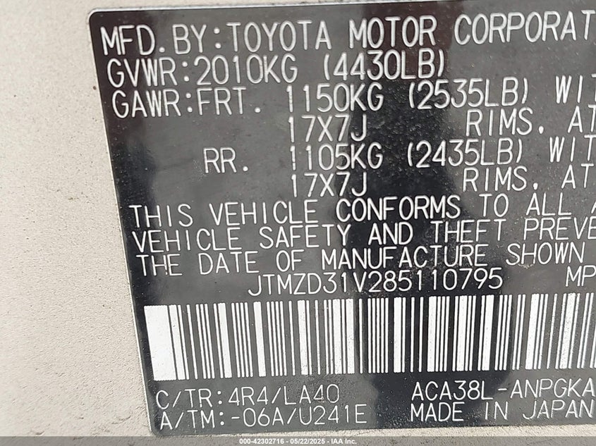 2008 TOYOTA RAV4 VIN: JTMZD31V285110795