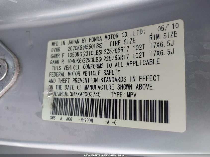 2010 HONDA CR-V VIN: JHLRE3H7XAC003745