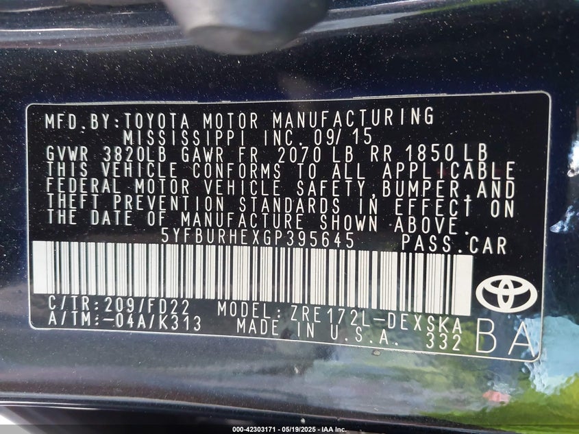 2016 TOYOTA COROLLA S PLUS - 5YFBURHEXGP395645