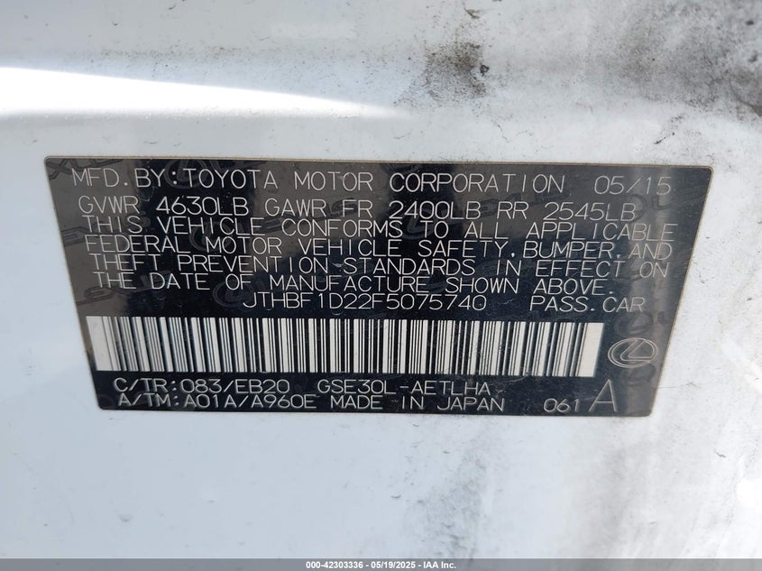 2015 LEXUS IS 250 VIN: JTHBF1D22F5075740
