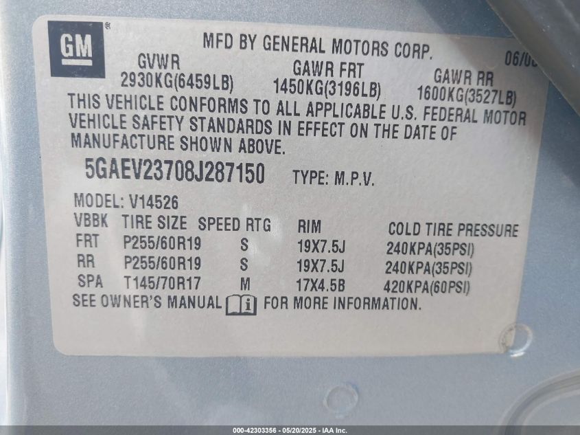 2008 Buick Enclave Cxl VIN: 5GAEV23708J287150 Lot: 42303356