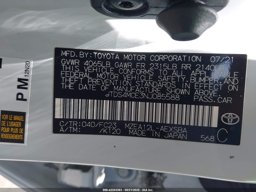 2022 TOYOTA COROLLA VIN: JTDS4MCE3NJ085588