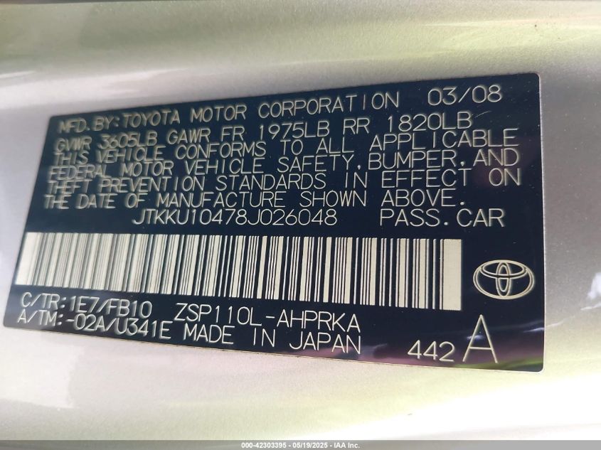 2008 Scion Xd VIN: JTKKU10478J026048 Lot: 42303395